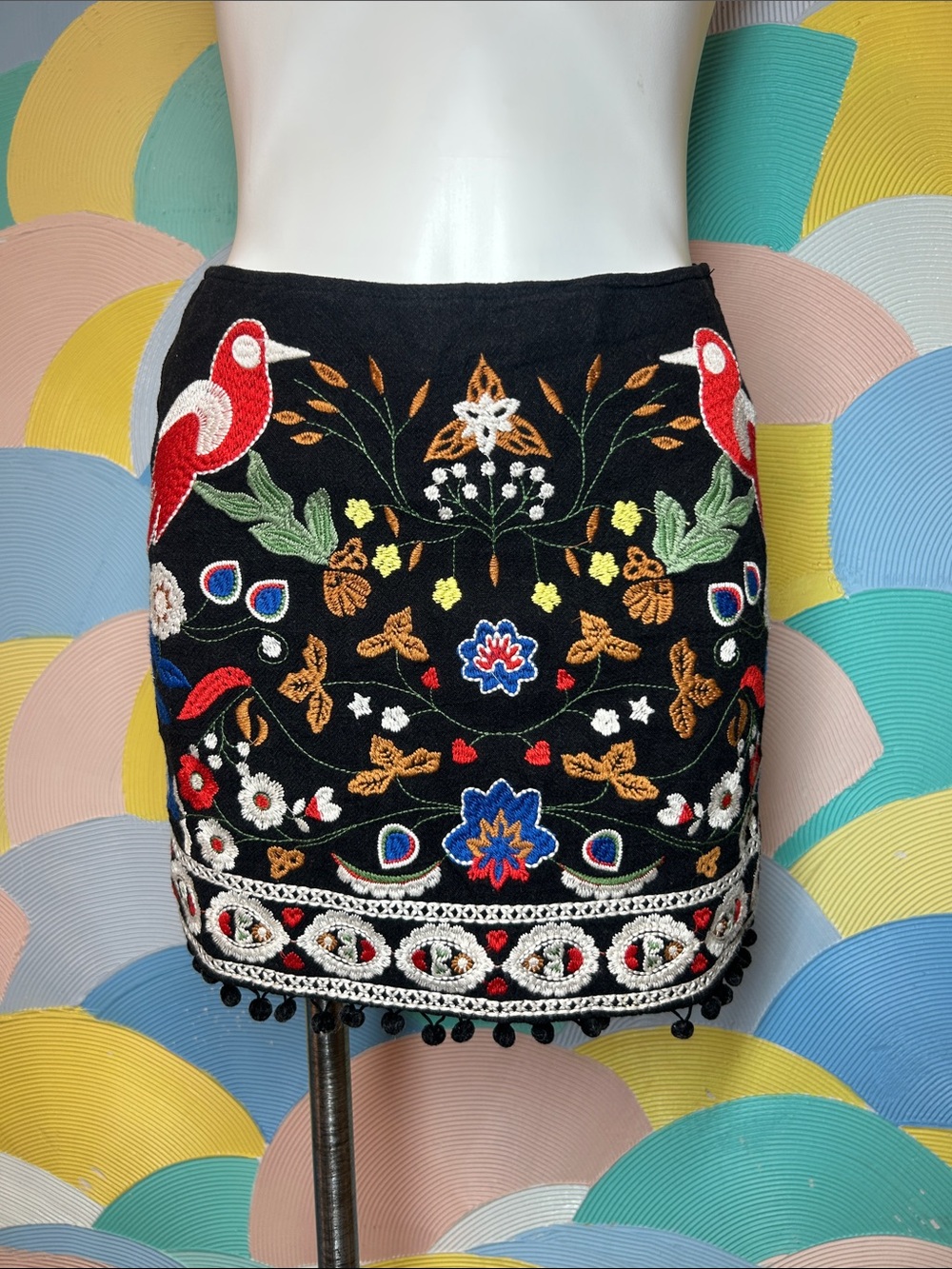Umgee Embroidered Black Mini Skirt with Colorful Floral Motif sz S